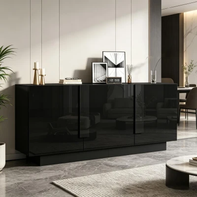 Aparador para sala de estar, armário de arrumação largo de três portas, design minimalista moderno, 35x160x60 cm, Preto