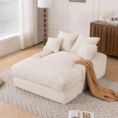 Chaise longue de luxe en velours côtelé avec 4 coussins amovibles, Beige