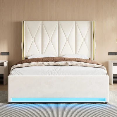 Cama de terciopelo con cabecero acolchado y capitoné, prácticos bolsillos laterales, para colchón 160L x 200AN cm, 170x213x141 cm, Beige