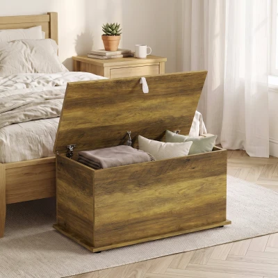 HOMCOM Aufbewahrungstruhe, Aufbewahrungsbank mit klappbarem Deckel und Sicherheitscharnieren, 80 x 40 x 45 cm, Braun