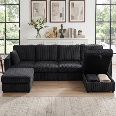 HOMCOM Ecksofa 4-Sitzer U-Form Sofa mit Stauraum-Ottomane, 306 cm Eckcouch mit Cord-Optik, 4 Kissen, für Wohnzimmer