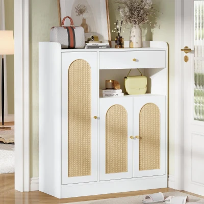 Sapateira em rattan, amplo espaço de arrumação, prateleiras ajustáveis, 90x35x110 cm, Cor natural