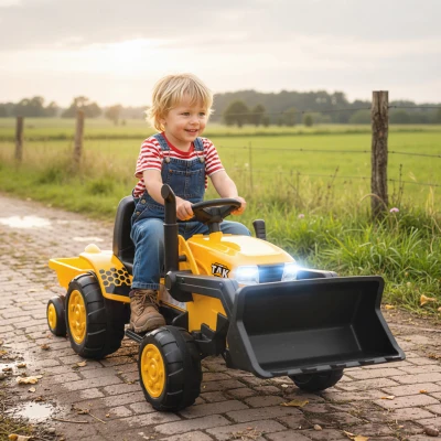 AIYAPLAY Tractor Eléctrico para Niños con Remolque Desmontable y Pala Batería 12V Motor Doble Control Remoto 2,4G Luces Música