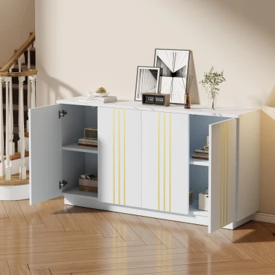 Aparador para sala de estar com 4 portas, elegantes frisos dourados, independente, 35x140x70 cm, Branco