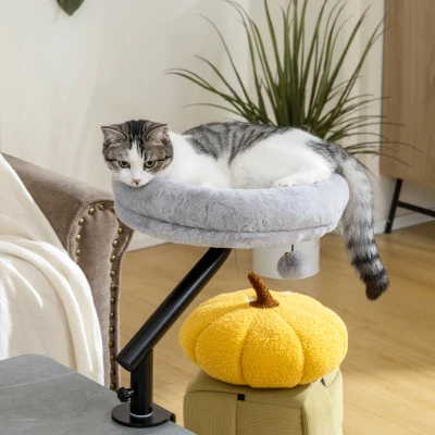 PawHut Lit de Bureau Chat 360° Rotatif Hauteur Réglable Gris