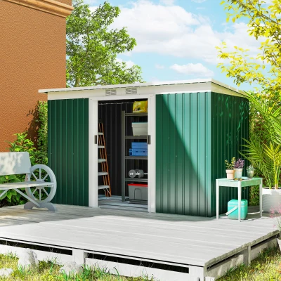 Outsunny Cobertizo de Jardín 280x130x172 cm Caseta de Exterior Metálica para Almacenamiento de Herramientas Verde Oliva