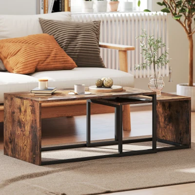 HOMCOM Set van 2 Salontafels, Sofatafel, Bijzettafel, MDF, Metaal, 90 x 48 x 42 cm / 59 x 42 x 36 cm, Zwart+Bruin