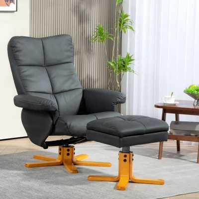 HOMCOM Relaxfauteuil met kruk, rugleuning kantelbaar tot 145°, 360° draaibaar, kunstleer, donkergrijs