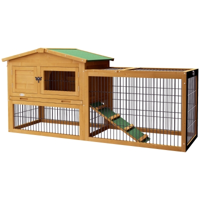 PawHut Konijnenhok 2 Verdiepingen Tannenhout Winterbestendig Dubbeldeks met Vrijloopgehege Helling 150x52x68 cm Geel