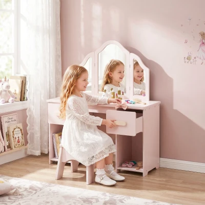 AIYAPLAY Coiffeuse Enfant Rose avec Tabouret, Miroir, 2 Tiroirs