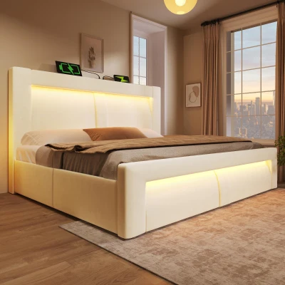 Cama doble 140x200 cm con elevador hidráulico, cabecero tapizado en terciopelo con diseño curvo, sin colchón, 217x143x107 cm, Beige