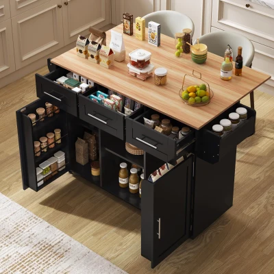 Gran carrito y aparador de cocina, encimera abatible, gran capacidad de almacenamiento, 139x46x91,5 cm, Negro