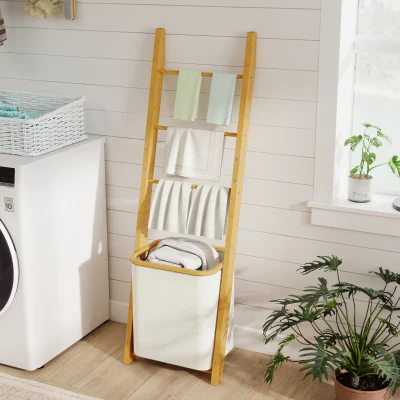 HOMCOM Badregal, 2-in-1 Badezimmerregal mit 3 Stangen, abnehmbarer 48L-Wäschekorb, Bambus, 43 x 35 x 133 cm, Cremeweiß
