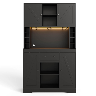 Armario alto de cocina con función de vinoteca, tira LED, baldas regulables, 105x40x180 cm, Negro