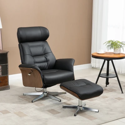 HOMCOM Fauteuil met voetenbank, 360° draaibaar, ligfunctie, leesstoel, zwart, 80 x 84 x 108 cm