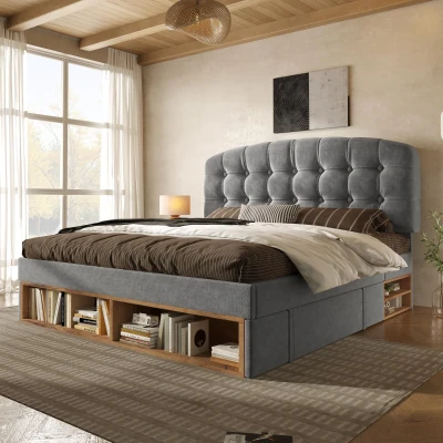 Cama tapizada 90x200 con ajuste de altura en 3 niveles, cajones integrados y compartimentos de almacenaje, 207x101x120 cm, Gris