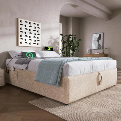 Cama estofada Cama de casal 160×200 cm, Cama com arrumação e pistões hidráulicos silenciosos, sem cabeceira, 202x161x29 cm, Bege+Cor natural