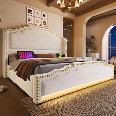 Letto contenitore imbottito con luci LED, 180x200, Beige