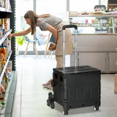 HOMCOM Winkelwagen Winkeltrolley, Trappenklimmer, Opvouwbaar, Telescopische Greep, tot Max. 65 Kilo Belastbaar, Zwart