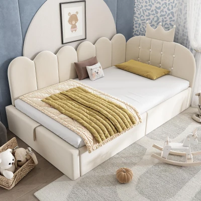 Cama de dia estofada 90x190 cm, arrumação hidráulica, forma em L reversível, sem colchão, 199x96x96 cm, Bege