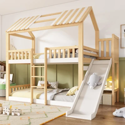 Beliche estilo cabana para crianças com telhado a duas águas, guarda‑corpo no estilo cerca de madeira, para colchões 90x200 cm, sem colchões, 247x171x220 cm, Branco