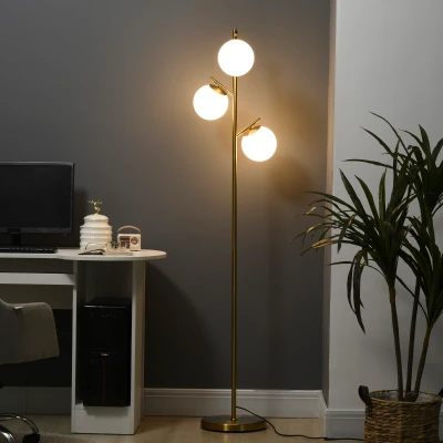 HOMCOM Staande lamp in retro-design, vloerlamp, vloerlamp met 3 lampenkappen, glas, goud