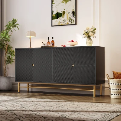 Credenza buffet a 4 ante con pannelli scanalati, Nero
