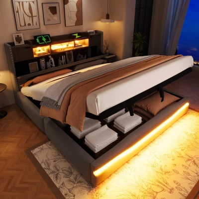Cama estofada 180×200 cm, cama com arrumação hidráulica, sem colchão, 219x186,5x110 cm, Cinza