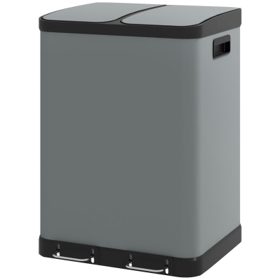 HOMCOM Dubbele Sector Prullenbak, 2 x 30L, Vingerafdrukbestendig, Pedaal, Uitneembare Binnenemmers, Grijs