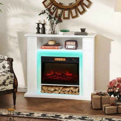 HOMCOM Elektrischer Kamin mit LED-Lichtern, realistischer Flammen-Effekt, 1800W, Kaminsims, 2 Fernbedienungen, Glas, Weiß