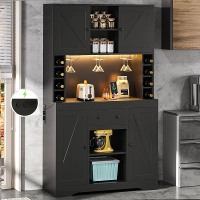 Armario alto de cocina con función de vinoteca, tira LED, baldas regulables, 105x40x180 cm, Negro