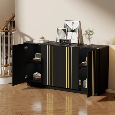 Aparador para sala de estar com 4 portas, elegantes frisos dourados, independente, 35x140x70 cm, Preto
