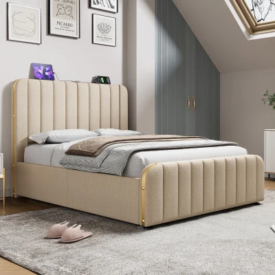Cama doble tapizada con almacenamiento para colchón 140X190 cm, cama abatible hidráulica con funda de lino, sin colchón, 203x150x102 cm, Beige