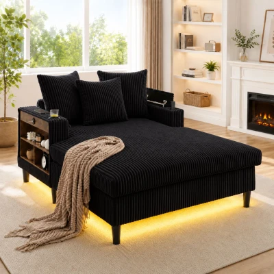 Chaiselongue en velours côtelé multifonctionnelle, Noir
