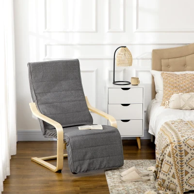 HOMCOM Accentstoel, Relaxfauteuil met Verstelbaar Voetgedeelte, Berkenhouten Frame, tot 120 kg, 66,5 x 94 x 100 cm, Grijs