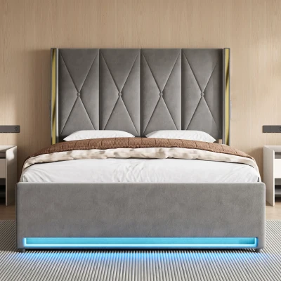 Cama de terciopelo con cabecero acolchado y capitoné, prácticos bolsillos laterales, para colchón 160L x 200AN cm, 170x213x141 cm, Gris oscuro