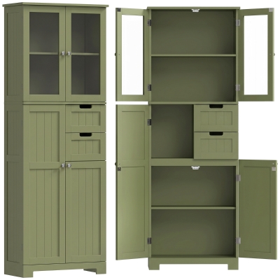 HOMCOM Mueble alto de almacenamiento, armario con puertas vitradas y estantes ajustables para baño, cocina, salón, verde
