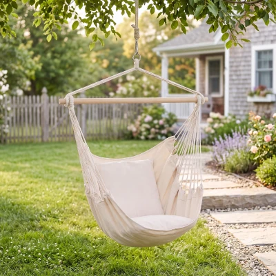 Outsunny Fauteuil Suspendu Hamac Tissu Crème avec 2 Coussins