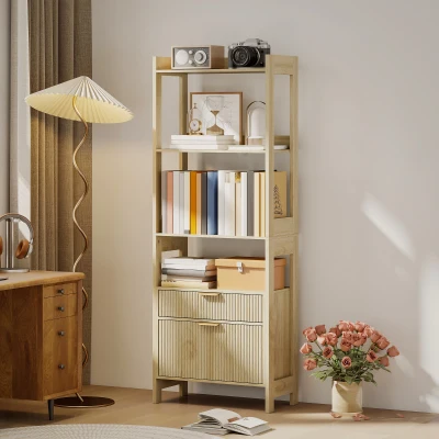 HOMCOM Bibliothèque Haute 4 Étagères 2 Tiroirs Bois Naturel