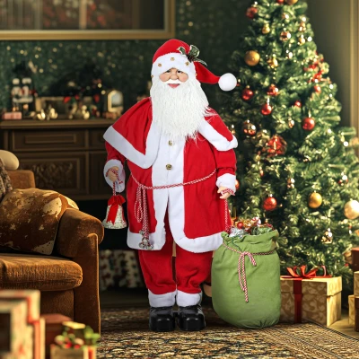 HOMCOM Figurine de Père Noël, Debout de Père Noël Rouge Traditionnelle 140 cm avec Sac de Cadeaux, Effets Sonores et Cloche