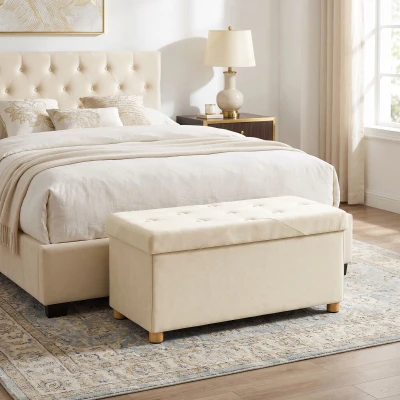 HOMCOM Velvet Storage Ottoman Bench Wood Legs Cream White