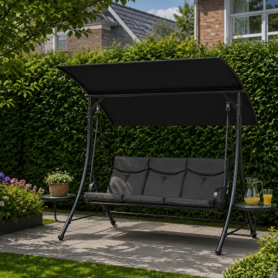 Outsunny Hollywoodschommel, 3-Zits Tuinschommel met Verstelbaar Zonnedak, 278 x 125 x 177 cm, Zwart
