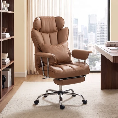 HOMCOM Silla de Oficina de Masaje 6 Puntos Vibrantes con Cojín Lumbar y Reposapiés, Altura Ajustable, Marrón