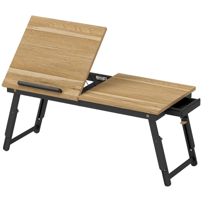 HOMCOM Mesa Reclinable para Cama y Sofá Bandeja Plegable con Cajón Lateral para Ordenador Portátil Libros Cinco Alturas Roble