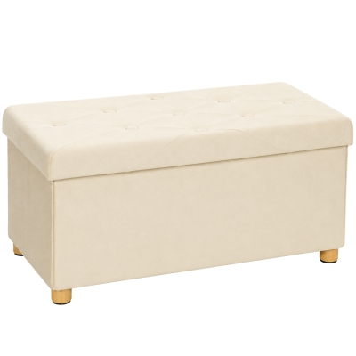 HOMCOM Velvet Storage Ottoman Bench Wood Legs Cream White