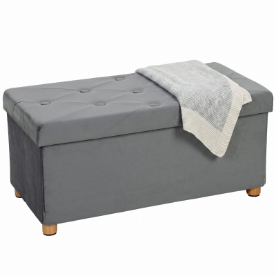 HOMCOM Velvet Storage Ottoman Bench Wood Legs Grey