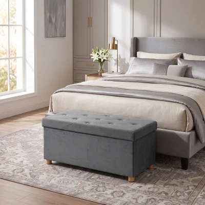 HOMCOM Velvet Storage Ottoman Bench Wood Legs Grey