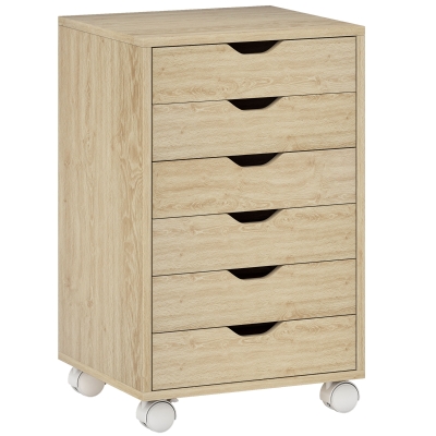 HOMCOM 6-Drawer Mobile File Cabinet Oak Wood Effect Wheels