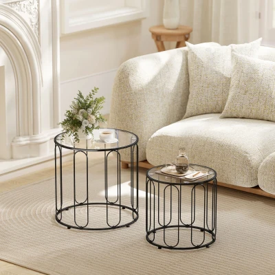 HOMCOM Conjunto de 2 Mesas Auxiliares Tipo Nido con Estructura de Metal y Encimera de Cristal Ø50x50 cm y Ø40x40 cm Negro