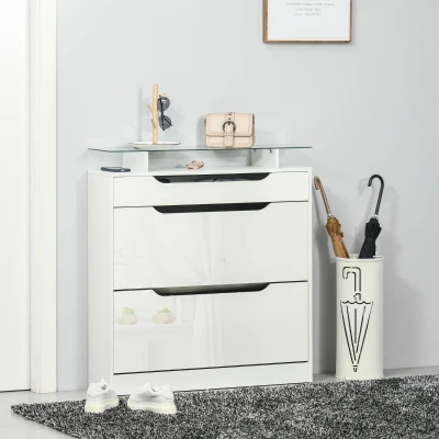 HOMCOM Zapatero Estrecho de 2 Puertas Mueble Zapatero para 16 Pares de Zapatos con Cajón Estante Abierto y Encimera de Vidrio para Pasillo Entrada 89x23x96 cm Blanco